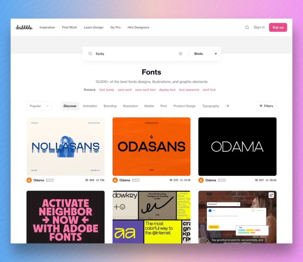 Dribbble is a great portfolio site which offers free fonts also.
