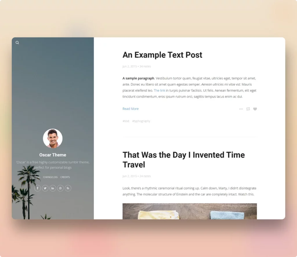 Oscar is a clean and minimalistic best free tumblr theme perfect for bloggers who want a simple, easy-to-navigate design. With its sleek layout and customizable features, Oscar theme allows you to showcase your content effortlessly.