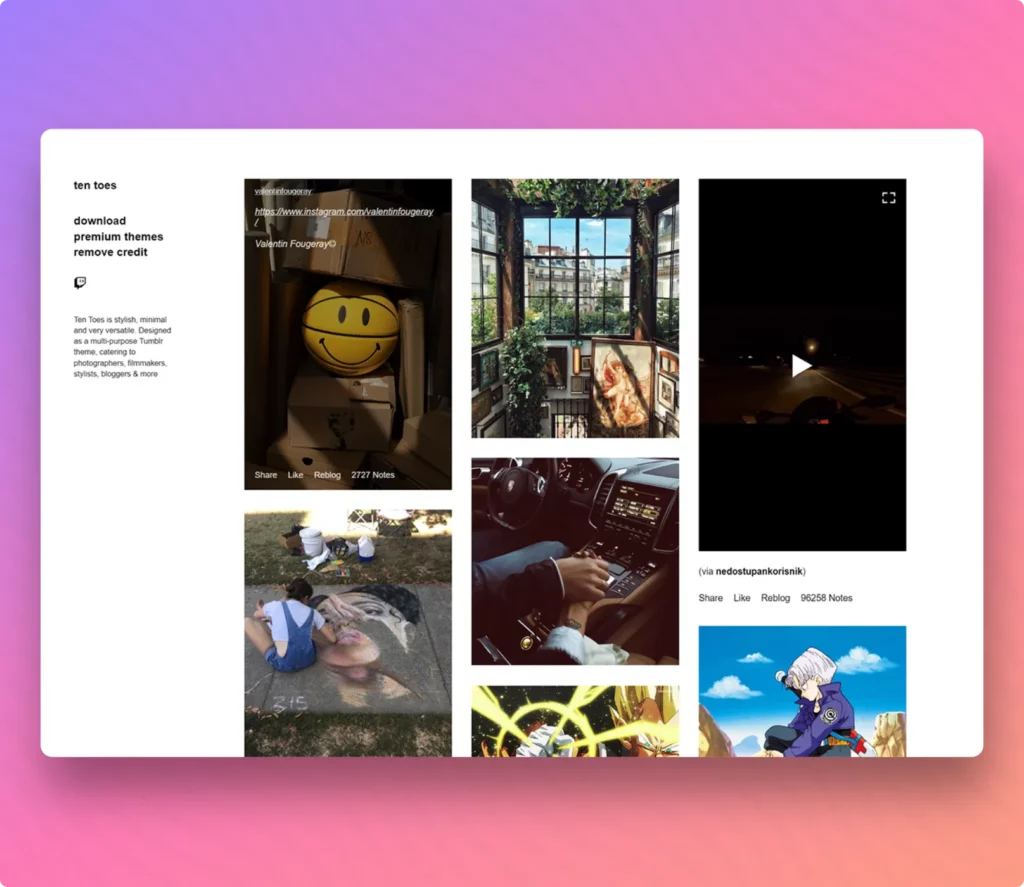 Ten Toes is a visually stunning theme designed for creatives who want to display their work in an organized and eye-catching manner. With its grid layout and customizable features, Ten Toes allows you to create a personalized portfolio that showcases your talent.