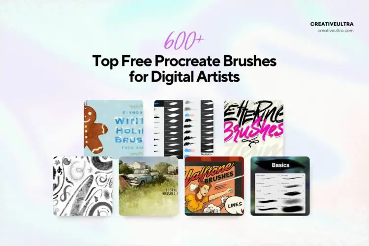 An advertisement showcasing over 600 free Procreate brushes for digital artists, with examples of various brush packs displayed.