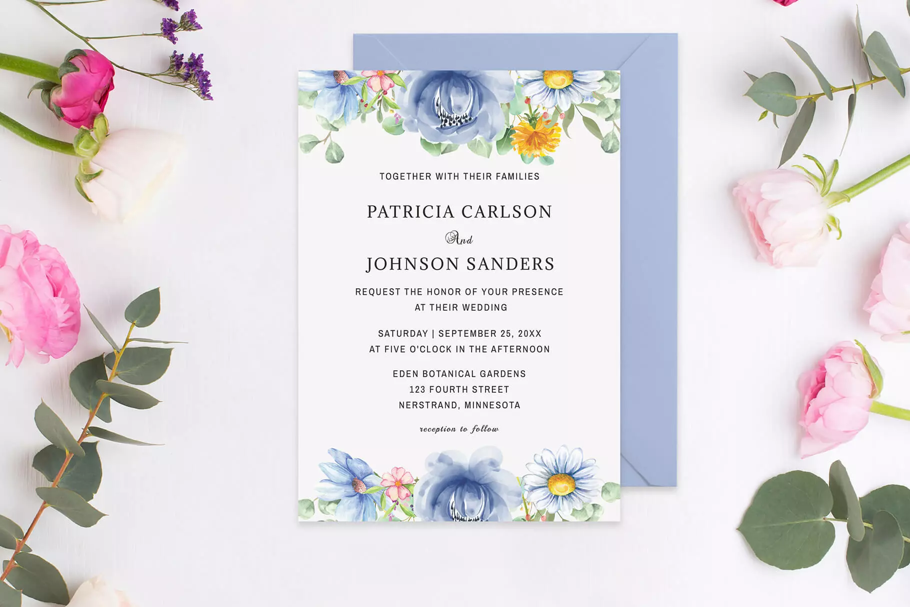 Dusty Blue & Yellow Floral Wedding Invitation