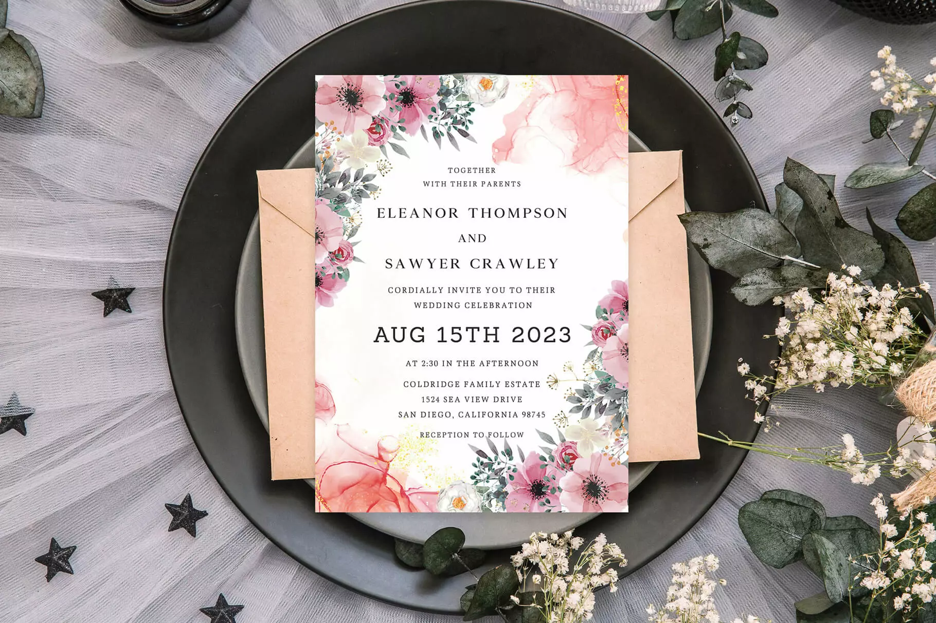 Elegant Pink Floral Wedding Invitation