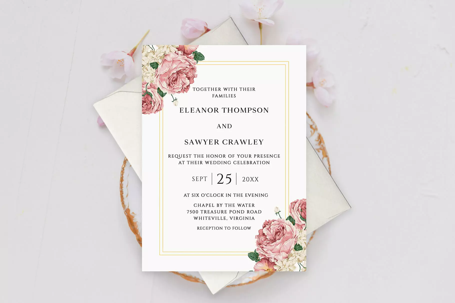 Elegant Pink Rose Floral Wedding Invitation