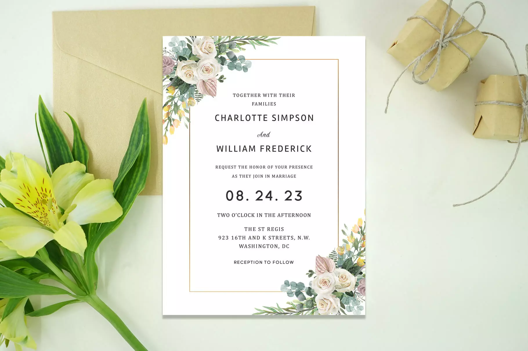 Elegant White Gold Rose Wedding Invitation V2