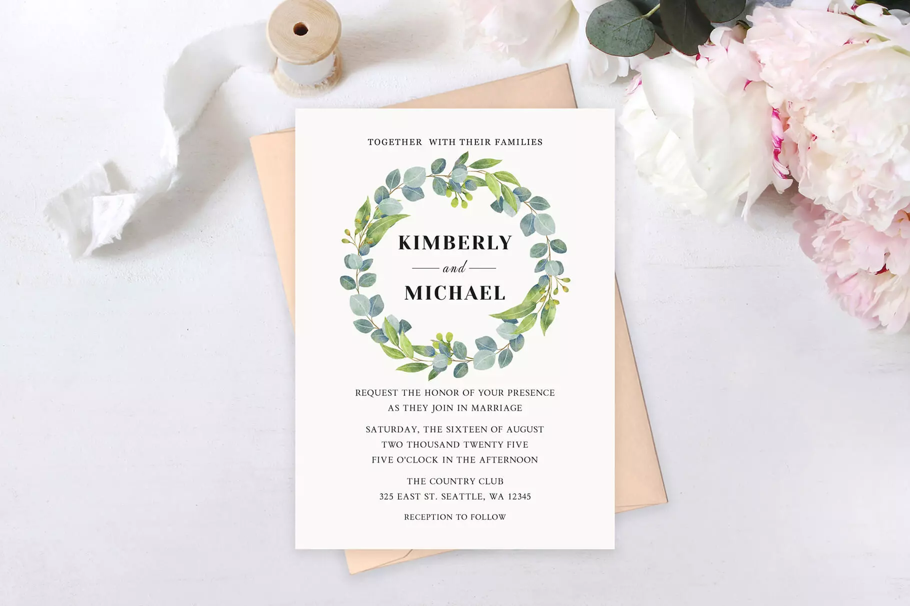 Eucalyptus Green Wreath Wedding Invitation
