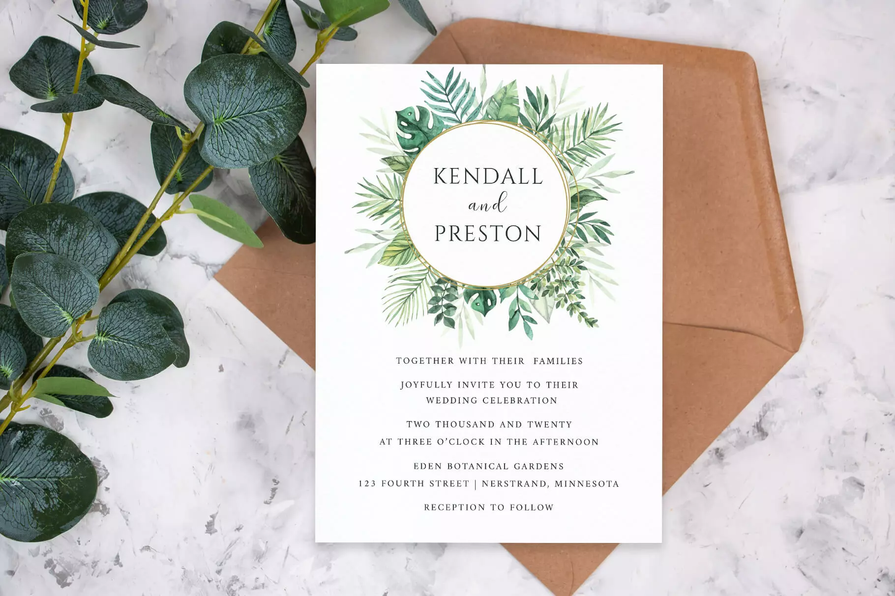 Wreath Tropical Leaves Wedding Invitation