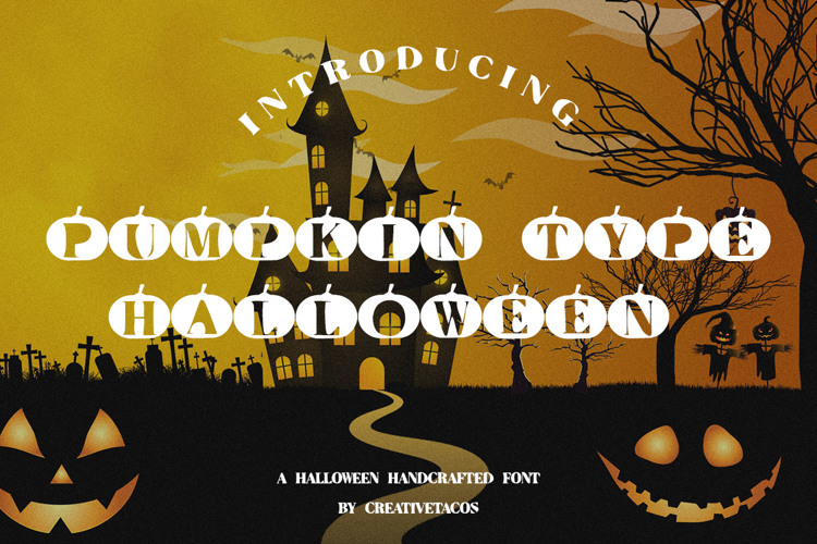 Introducing a free Halloween font presentation featuring pumpkins, a haunted house, and spooky trees in the background.