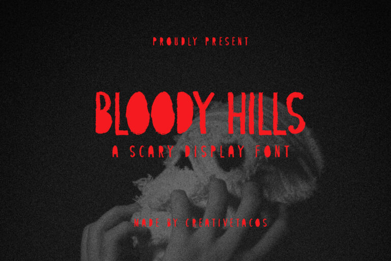 Text "Bloody Hills: A Free Halloween Font" in red, with hands holding a skull against a dark background.