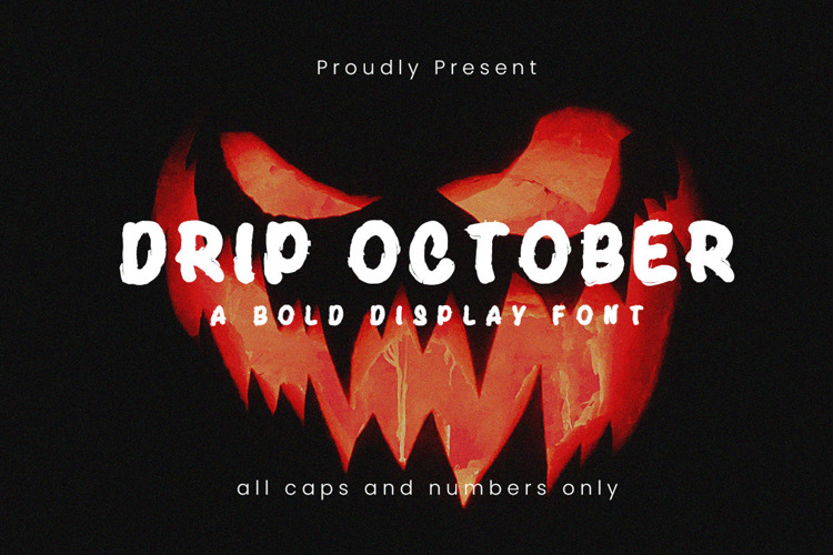 Drip October" bold display font ad features a jack-o'-lantern face background, perfect for showcasing your free Halloween font needs.