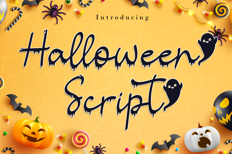 Explore our free Halloween font, featuring ghostly typography with pumpkins, bats, and candies against a vibrant orange background.
