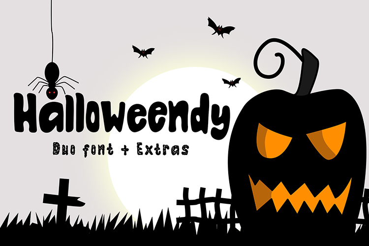 Spooky Halloween graphic featuring a menacing pumpkin, bats, spider, and a graveyard under a full moon. Text: Halloweendy. Crafted with a free Halloween font for an extra eerie touch.