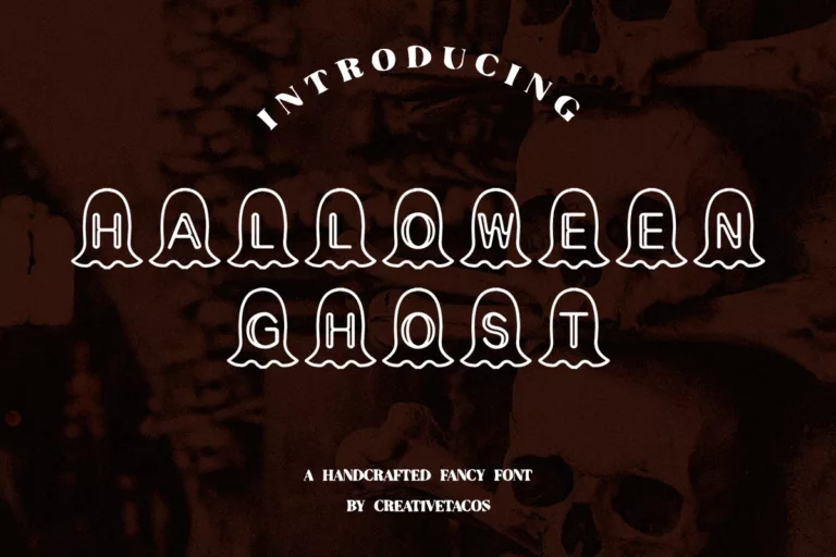 Introducing Halloween Ghost, a spooky free Halloween font set against a dark, skull-themed background.