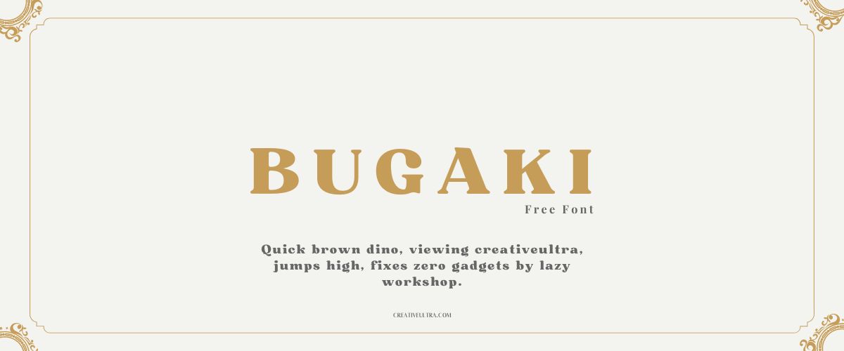 Illustration showing font "Bugaki Font" written on a background. It's one of Top Strong Fonts in Canva.