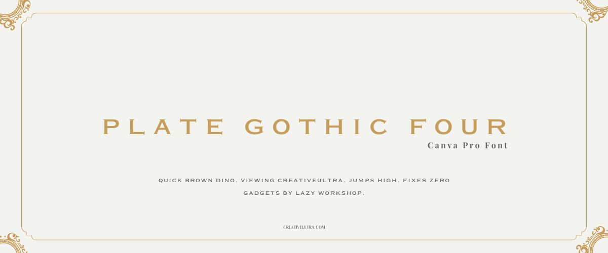 Illustration showing font "Plate Gothic Four Font" written on a background. It's one of Top Gothic Fonts in Canva.