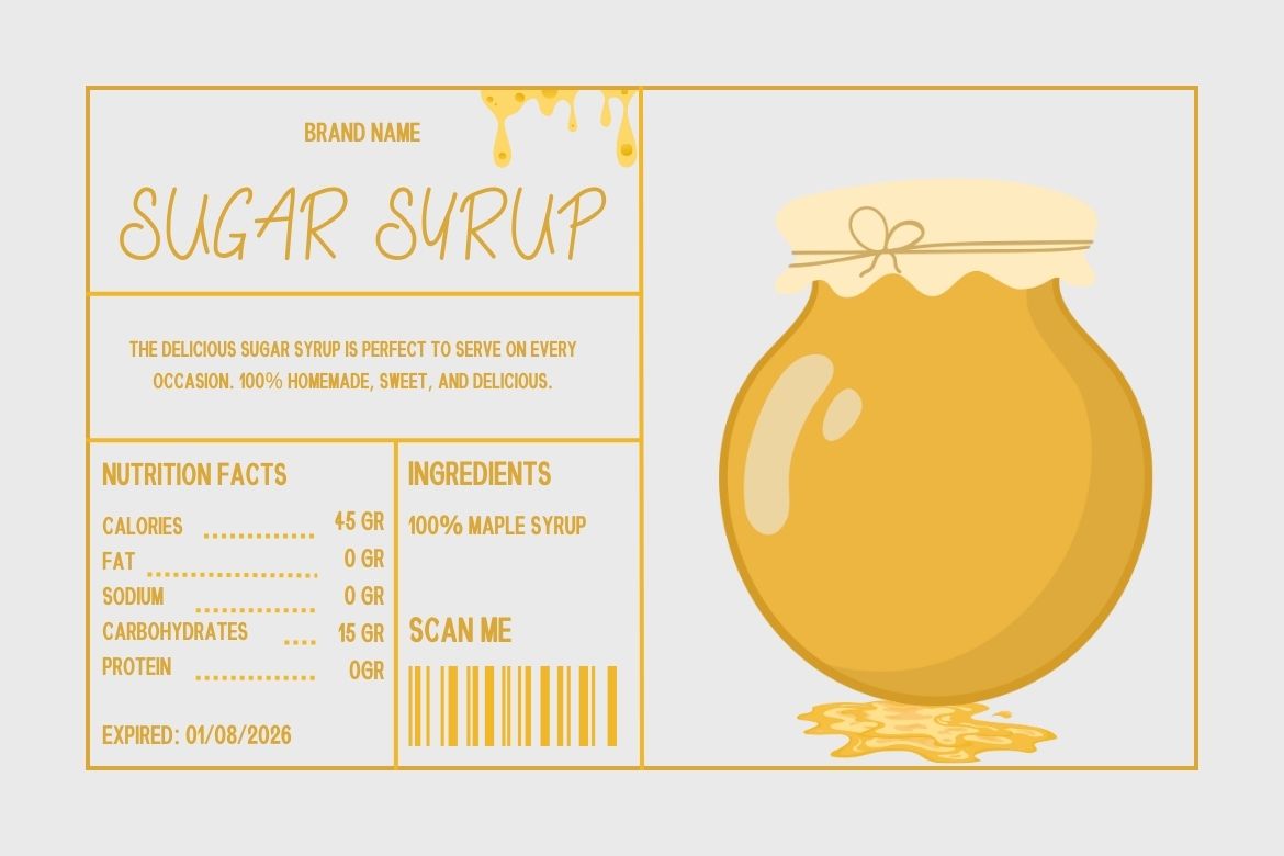 Sugar syrup label design featuring Zamboga Display Font in a light brown color.