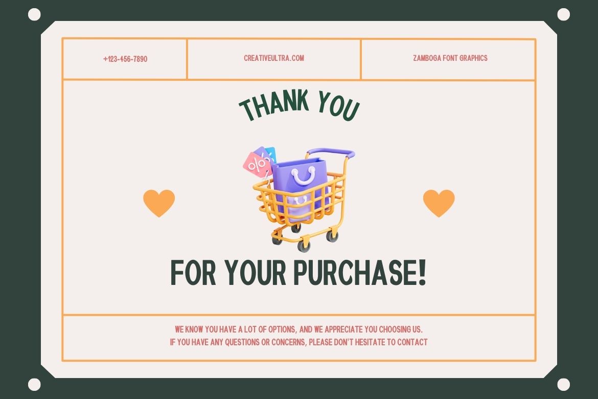 Thank you card design with the text 'THANK YOU FOR YOUR PURCHASE' in Zamboga Display Font, featuring a shopping cart illustration.