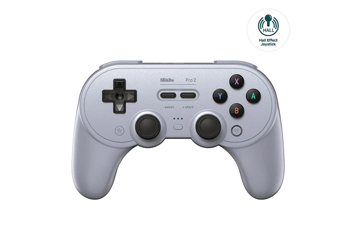 a gray 8bitdo pro 2 controller with buttons and joysticks