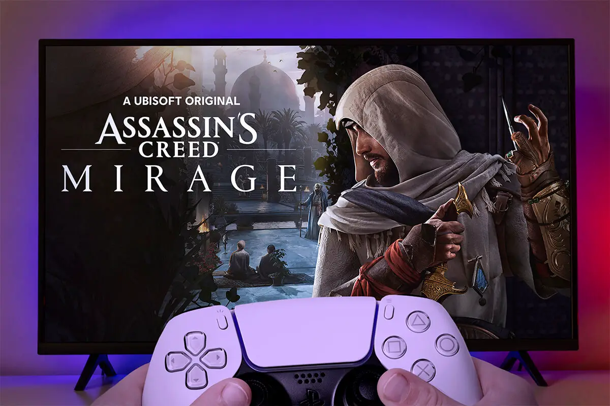 Playing Assassins Creed Mirage on TV screen with Playstation 5 controller