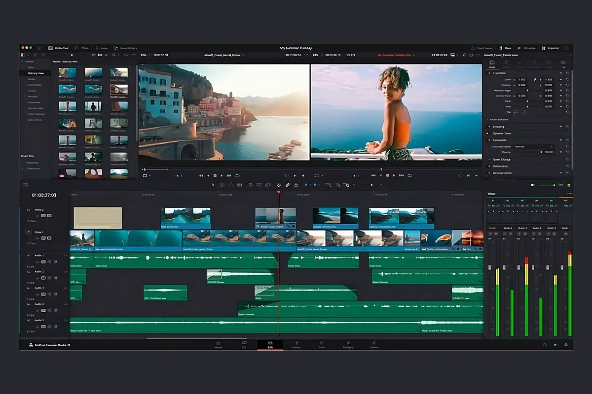 a monitor screen with multiple video clips on video editing app