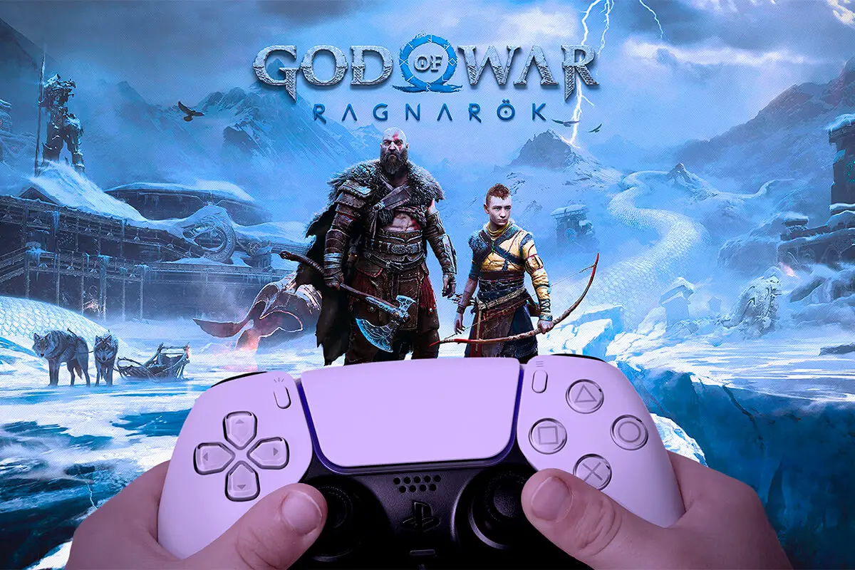 Boy playing God of War Ragnarok with Playstation 5 controller.