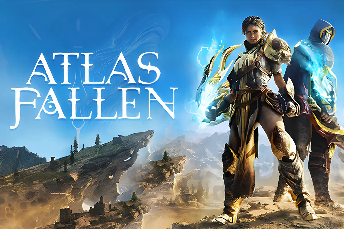 Cover image of Atlas Fallen featuring two mysterious figures and a lovely mountain