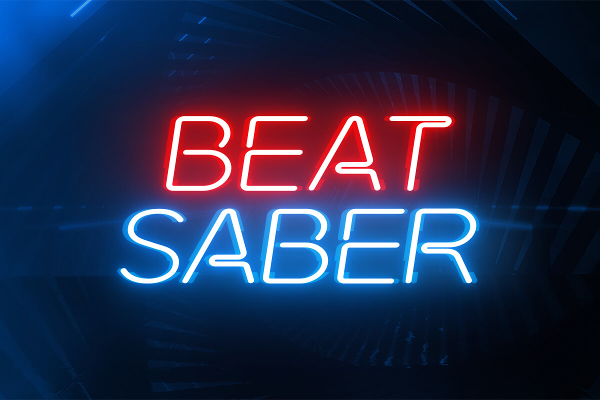 Beat Saber neon sign glowing in vibrant colors on a dark background.