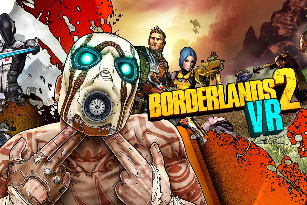 Promotional image for Borderlands 2 VR featuring a masked character in the background.