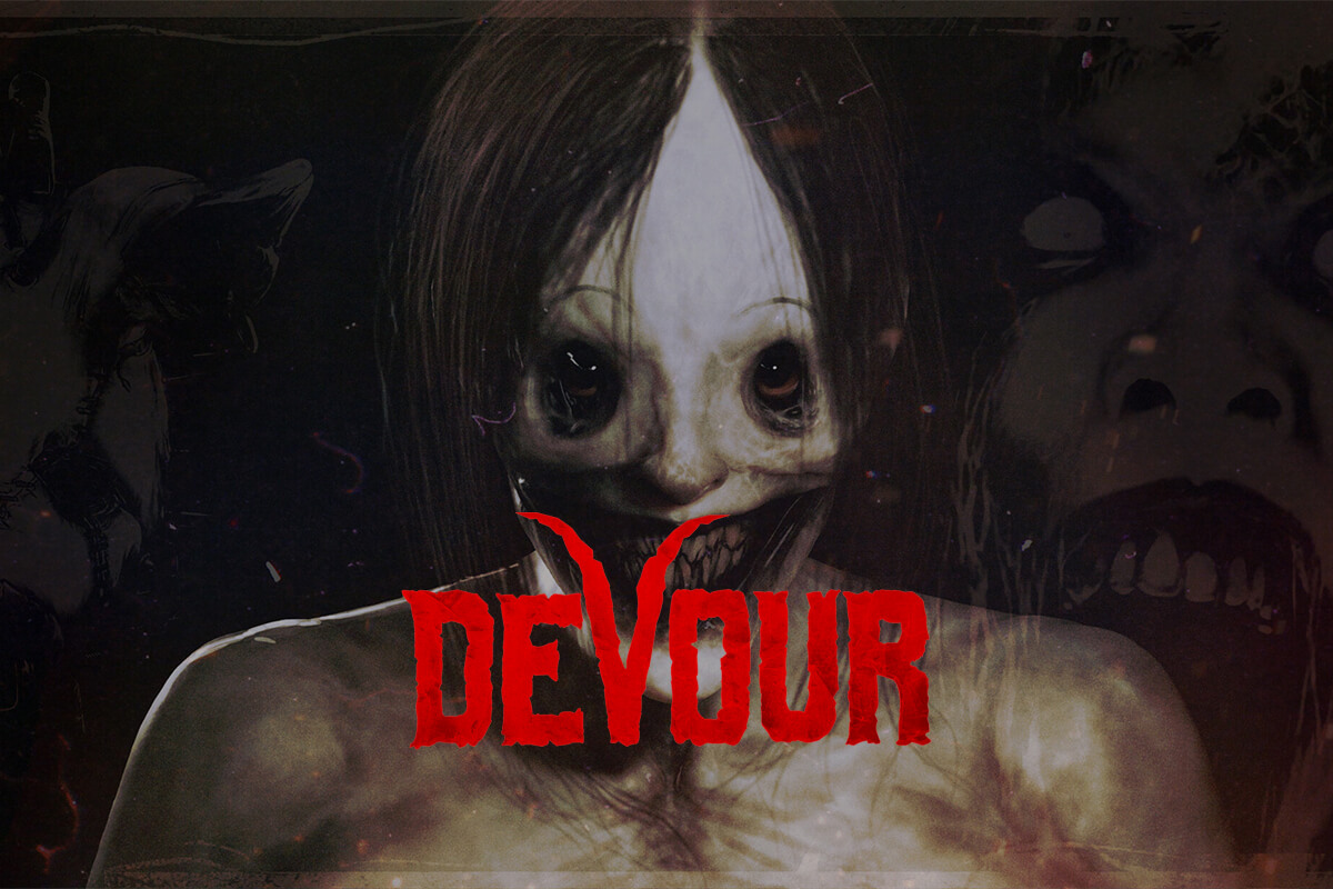 A scary scene from the horror game "Devour" that shows a terrifying demon hiding in the shadows.