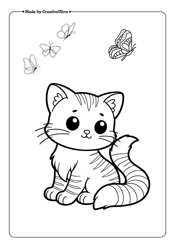 Illustration of Cute Kitten With Butterfly Coloring Page