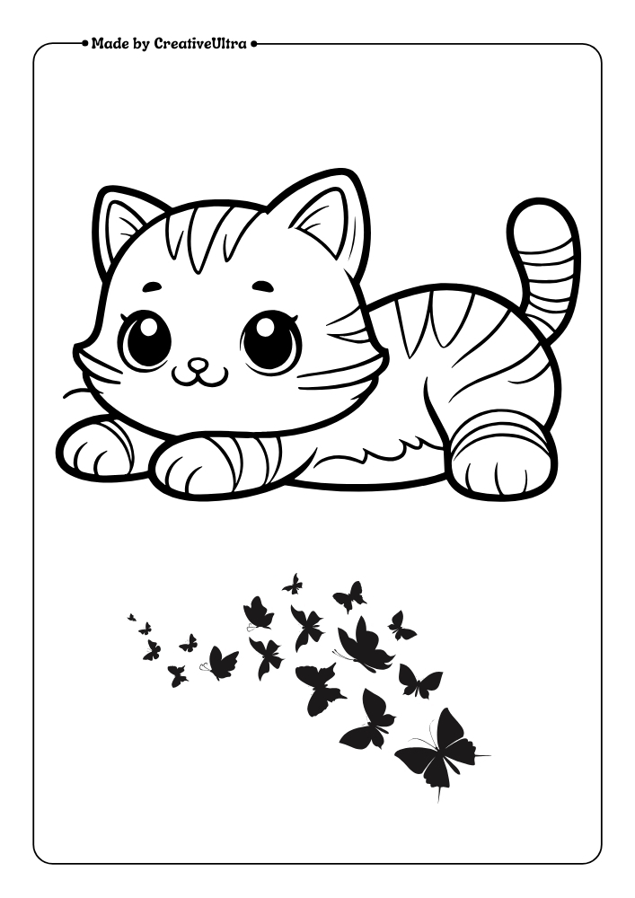 Illustration of Lying Kitten with Happy Mood Coloring Page