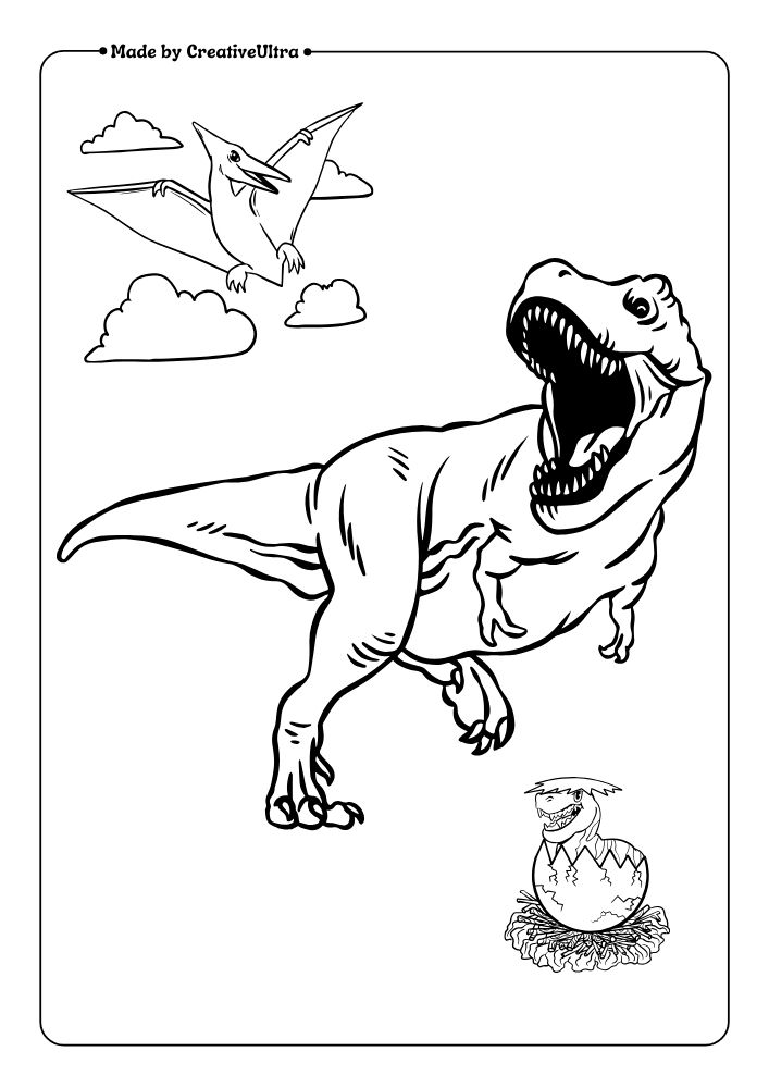 Illustration of Angry T-rex with Flying Dinosaur and a Hatching Egg Coloring Page