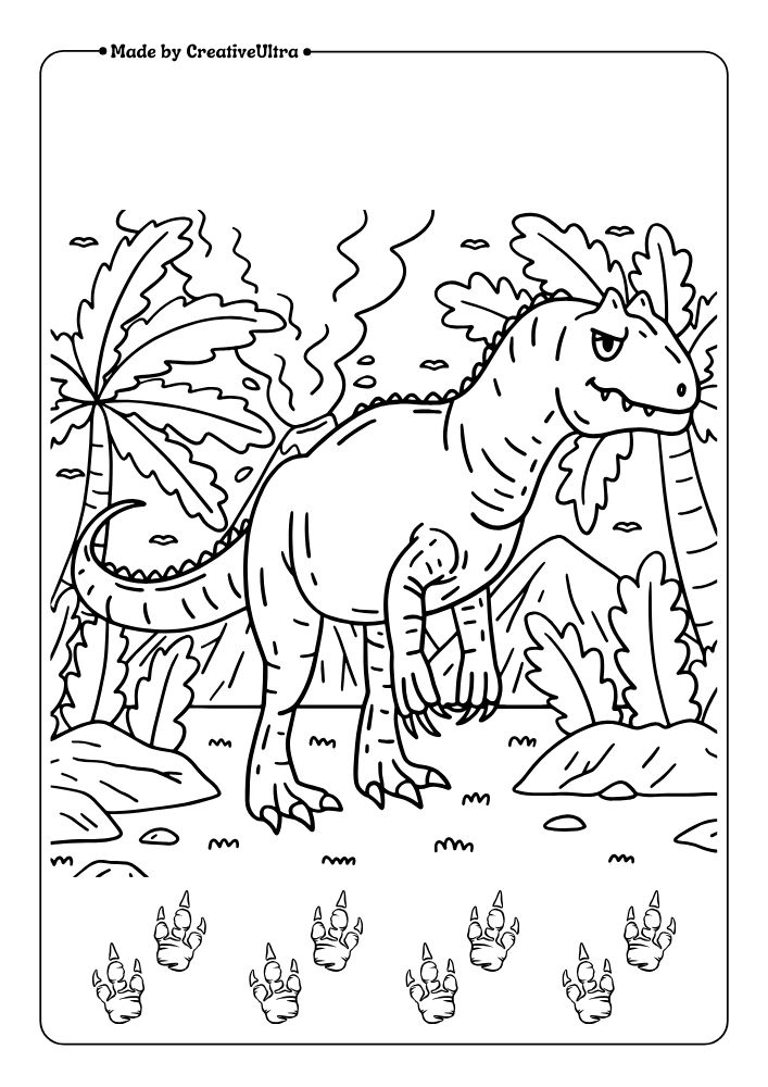 Illustration of T-rex in the Forest with his Paw Step Coloring Page