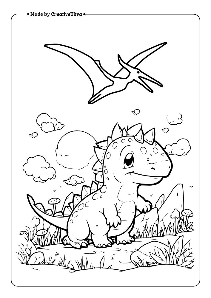 Illustration of Cute Baby T-rex Running away Coloring Page
