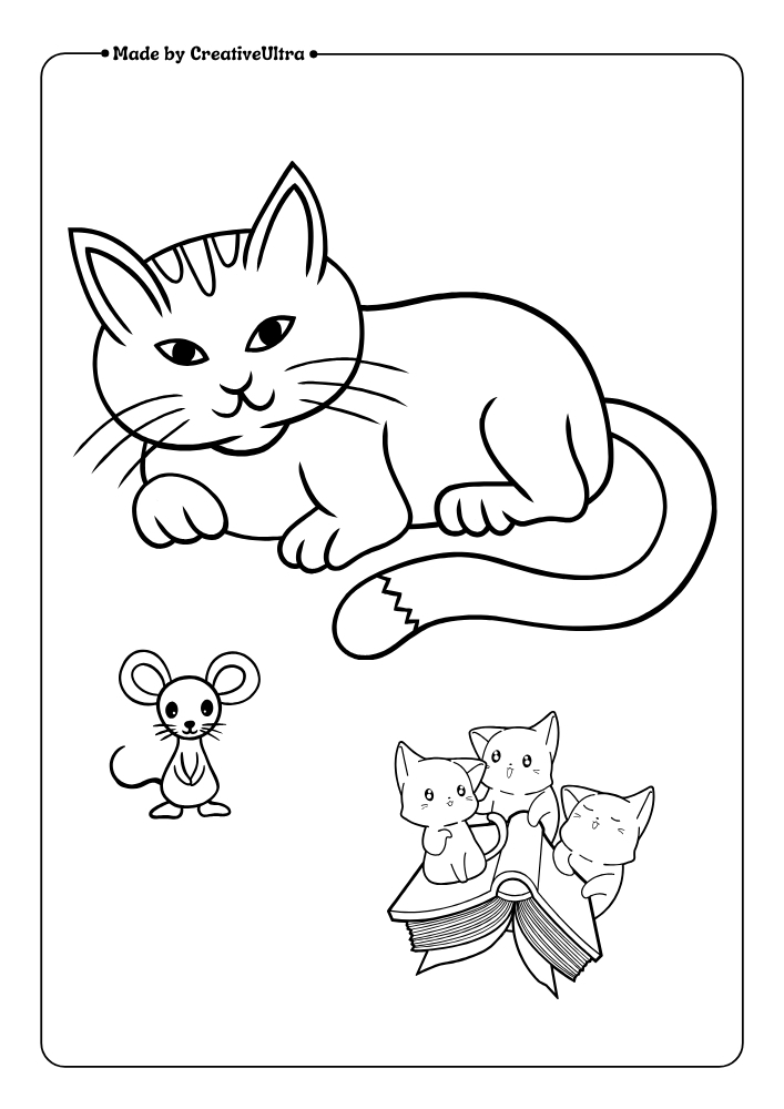 Illustration of Kitten with Mouse and Other Cats Coloring Page
