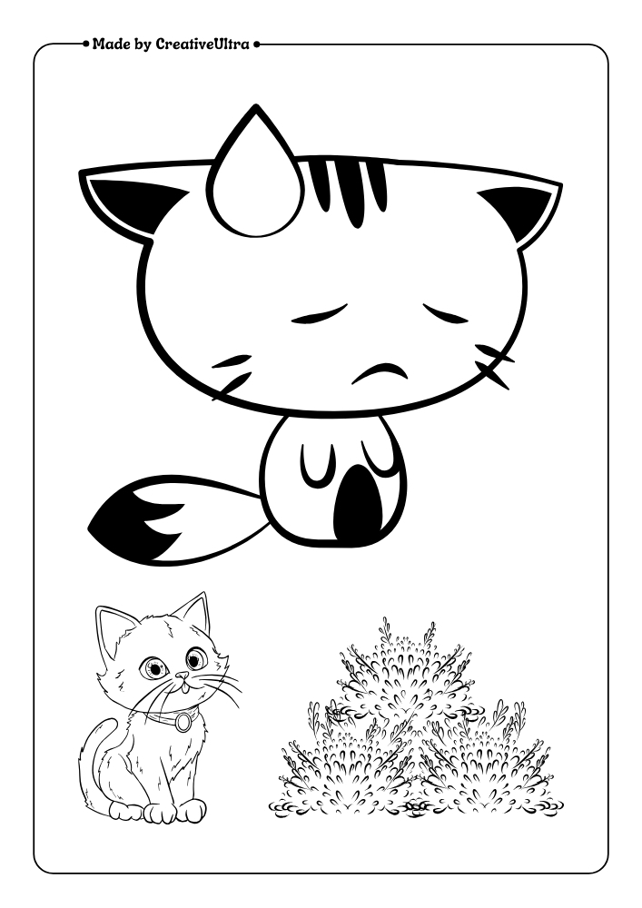 Illustration of Sad and Worried Kitten Colouring Page