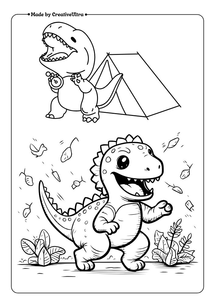 Illustration of Enjoying and Playing T-rex Coloring Page