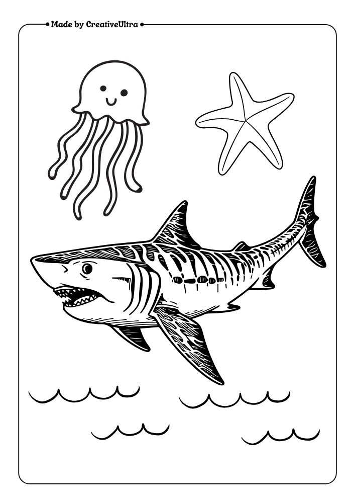 a black and white drawing of a shark and jellyfish