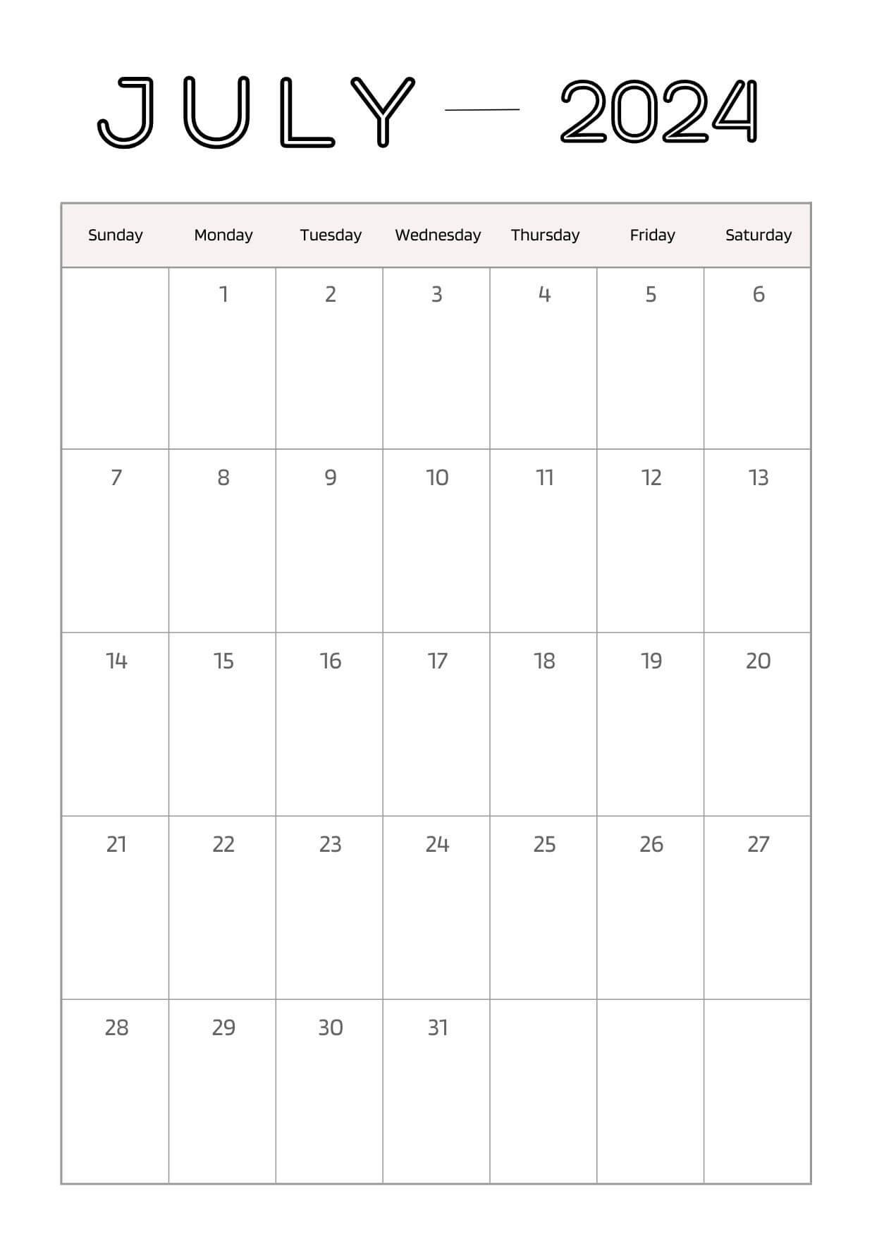 July 2024 Calendars Pack with numbers and a few days of the week