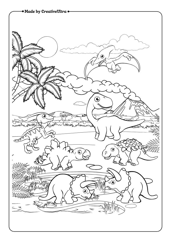 Illustration of T-rex and other Dinosaur Drinking Waters Coloring Page