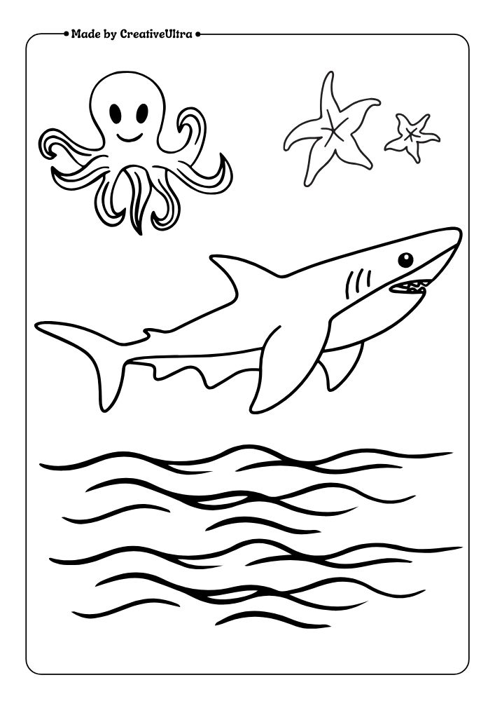 a black and white drawing of a shark and octopus