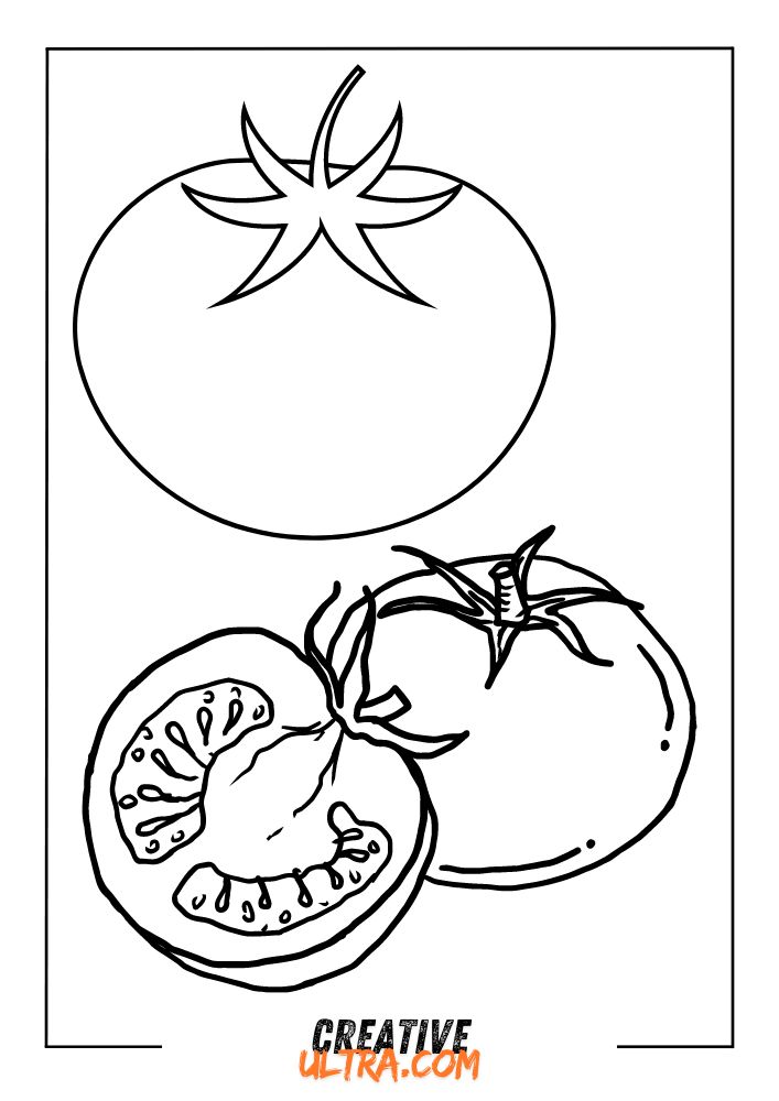 Black and white line drawing of a whole tomato and a sliced tomato, perfect for a tomato coloring page.
