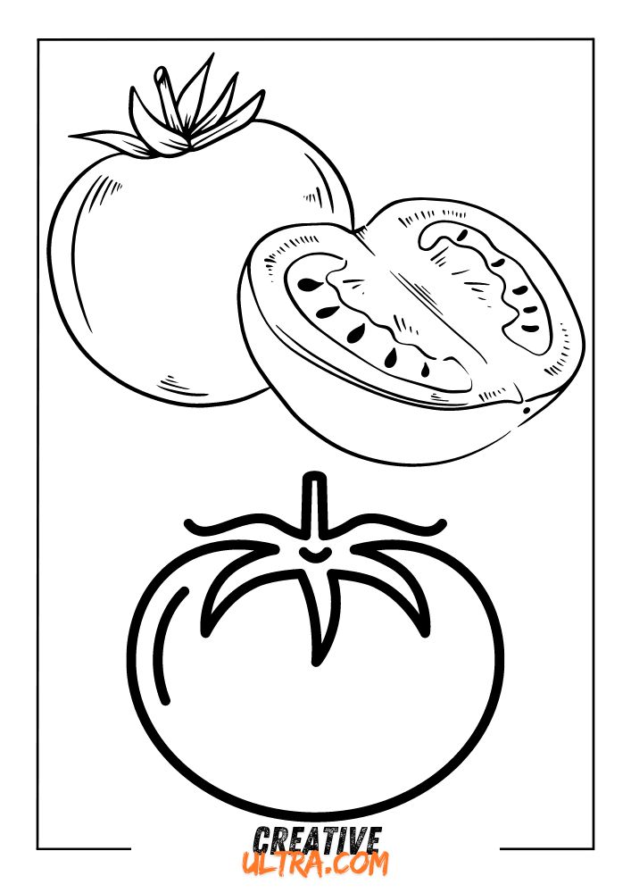 Line drawing of whole and halved tomatoes with an outline of another tomato below, perfect for a tomato coloring page.