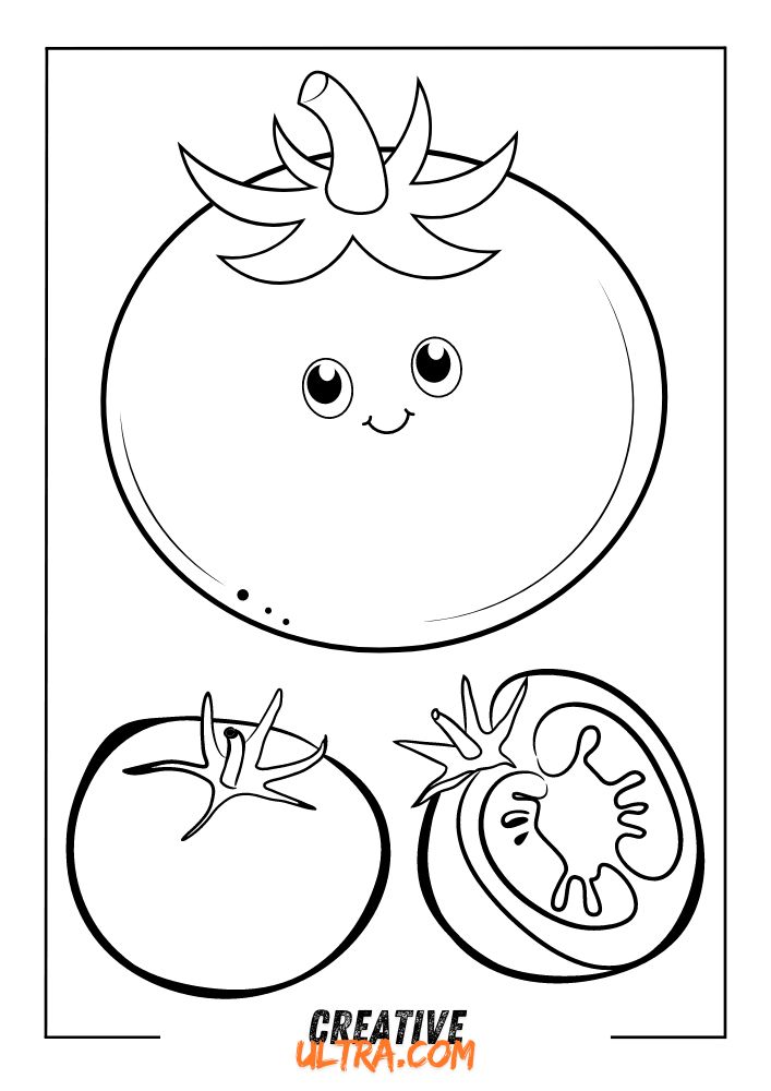 Cute tomato characters, one with a smiling face, another whole, and one halved. Perfect for a tomato coloring page, this black and white illustration adds playful charm to your creative projects.