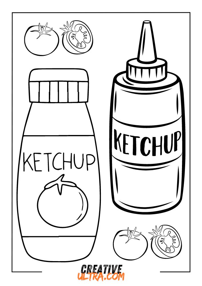 This tomato coloring page features a black and white drawing of two ketchup bottles and three ripe tomatoes, inviting creativity and splashes of color.