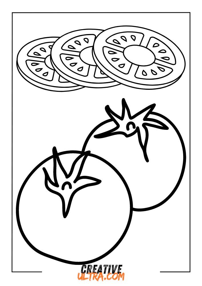 Black and white drawing of two whole tomatoes and three tomato slices, perfect for a tomato coloring page.