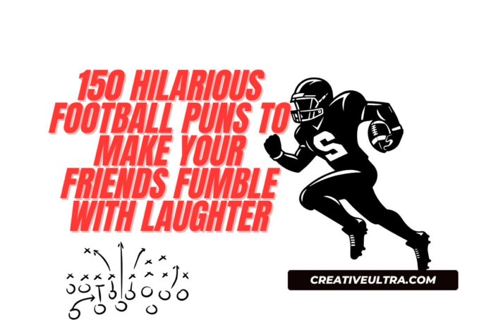 150 Hilarious Football Puns to Make Your Friends Fumble with Laughter: A stylized illustration of an American football player in motion, wearing a black uniform and helmet, holding a football. Bold red text highlights the title of the post, with a small football play diagram at the bottom and a website link 
