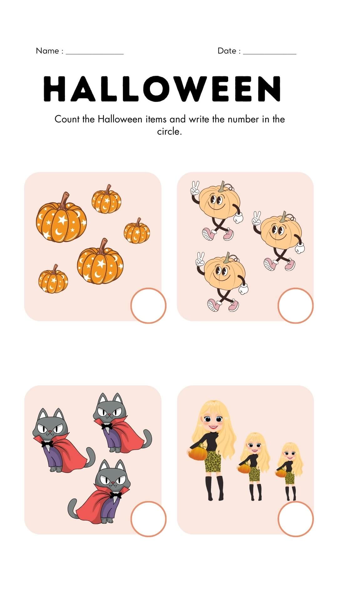 Halloween counting activity featuring pumpkins, cats, and a woman holding a pumpkin for kids to count.