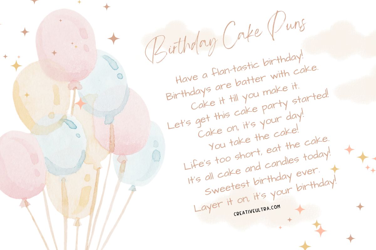 Pastel-colored balloons with birthday cake puns like 'Have a flan-tastic birthday' and 'Cake it till you make it,' from creativeultra.com.