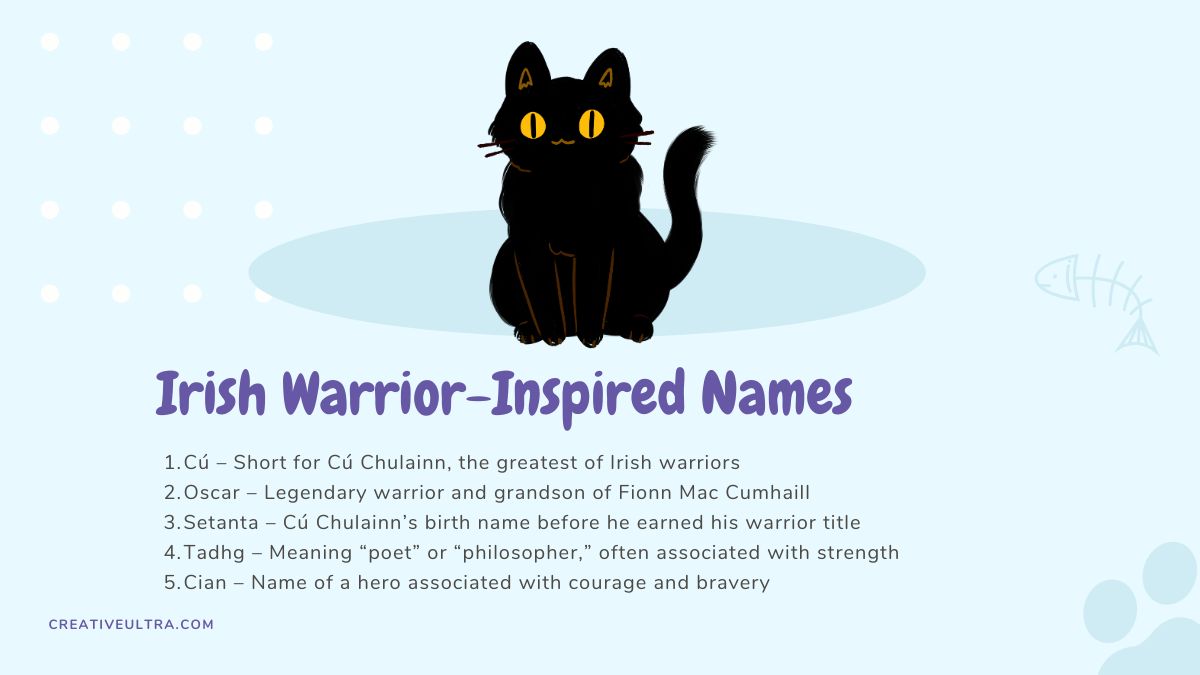 Illustration of cat names inspired by legendary Irish warriors, evoking courage and strength.