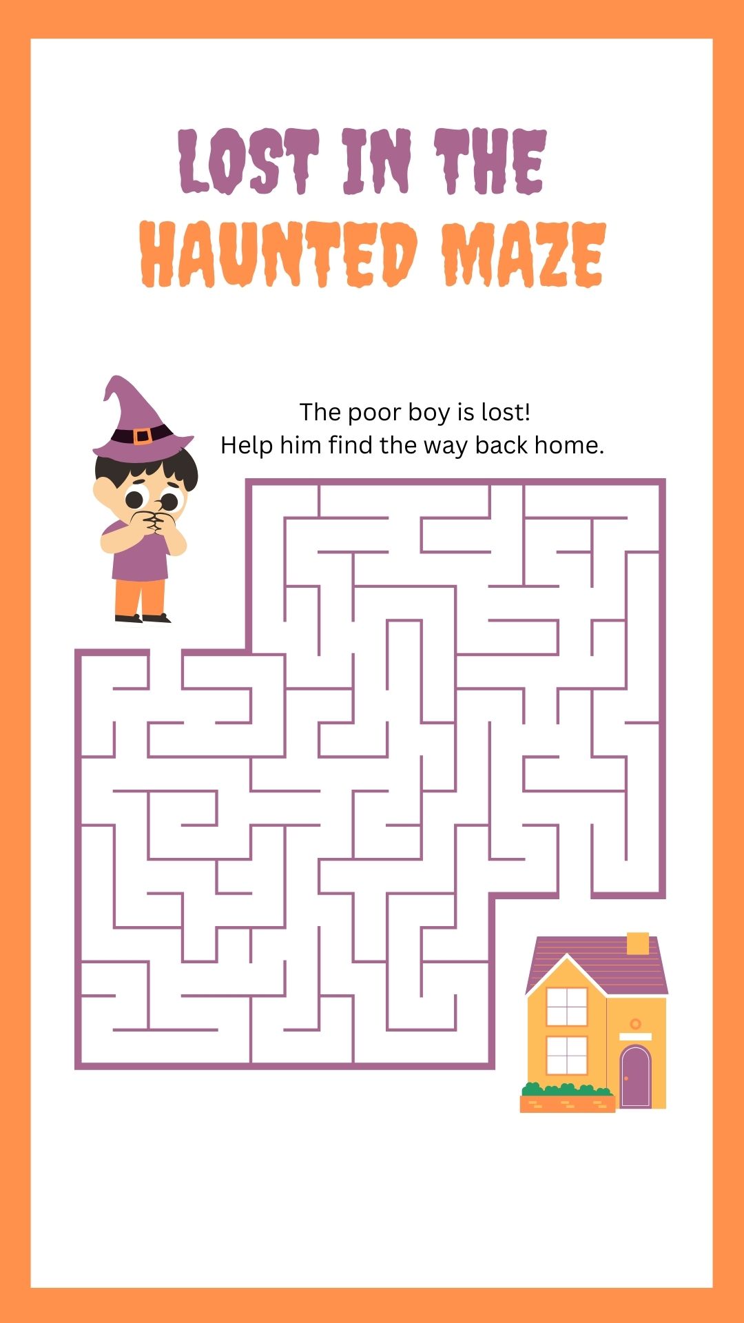Lost in the Haunted Maze Printable showing a scared boy and a maze leading to a house.